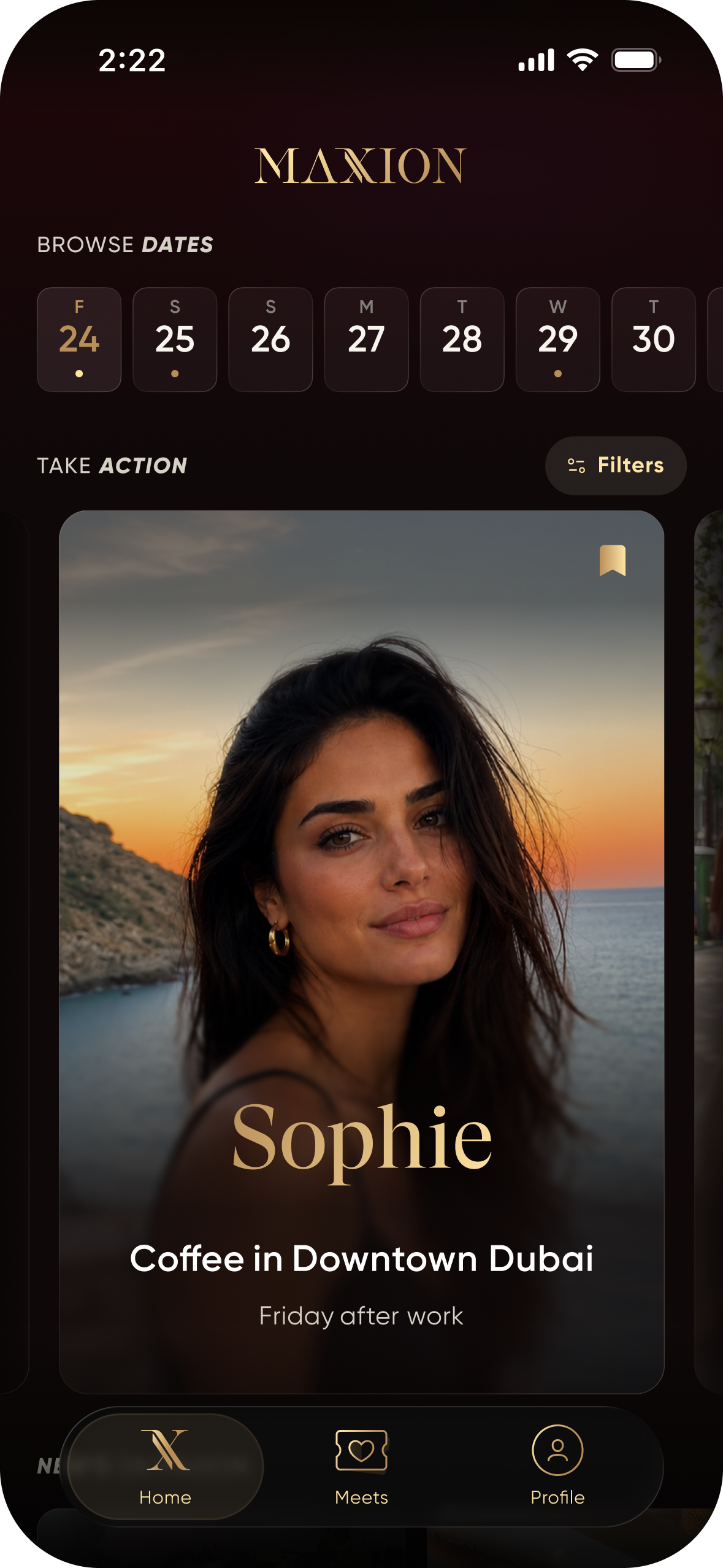 The MAXION app home screen showing a planned coffee date